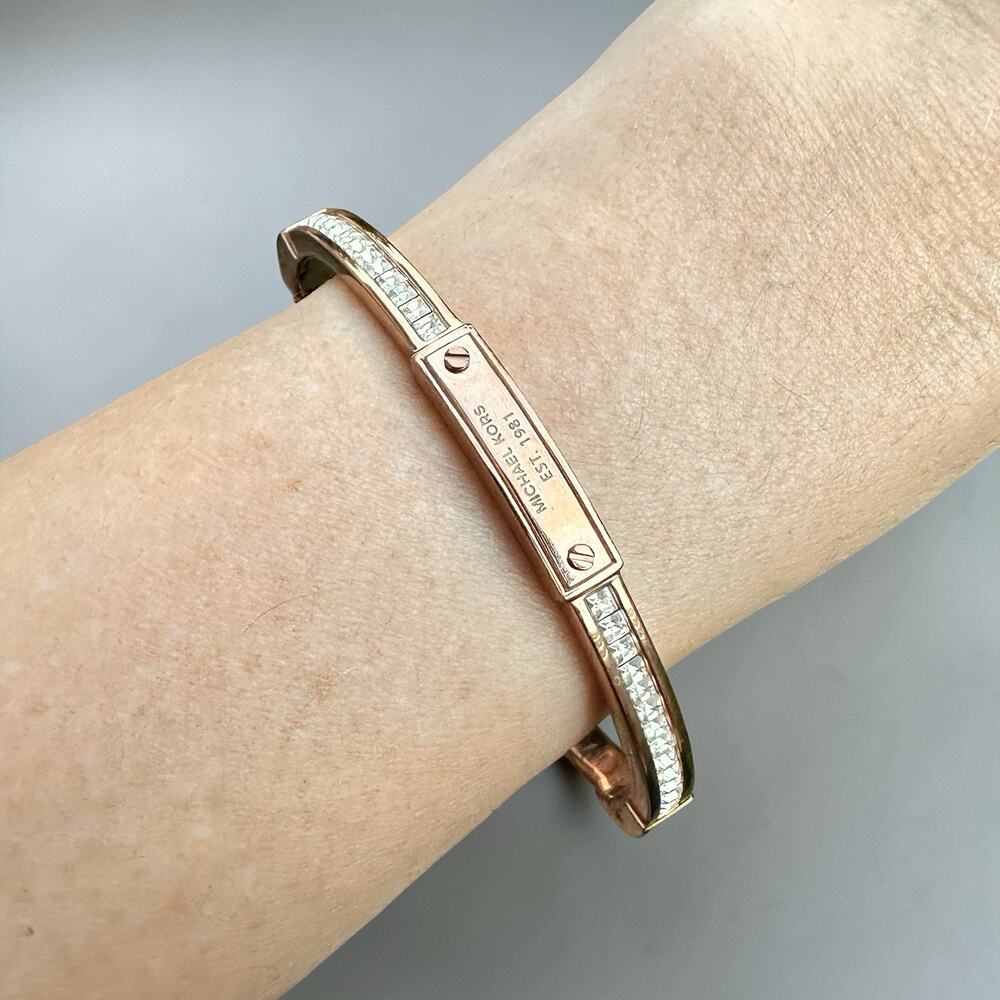 Michael Kors Rose Gold Rhinestone Bangle Bracelet Logo Plate Hinged MK Jewelry